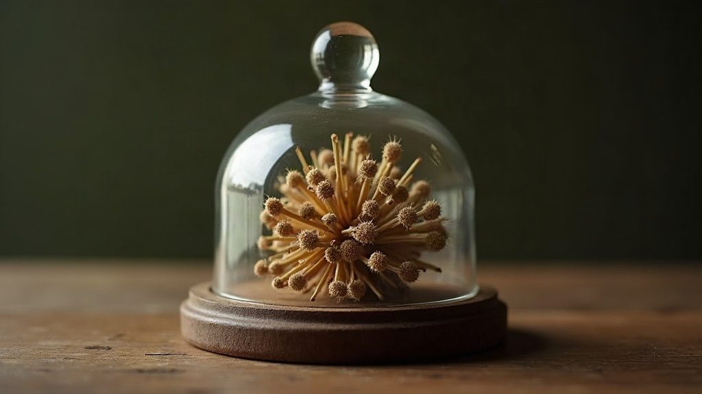 Fleur de chanvre brunie par le temps sous une cloche en verre, sur un bois sombre
