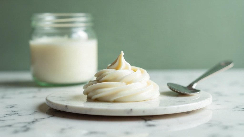Volute de crème blanche sur un plan de marbre, spatule en acier et pot en verre sans étiquette