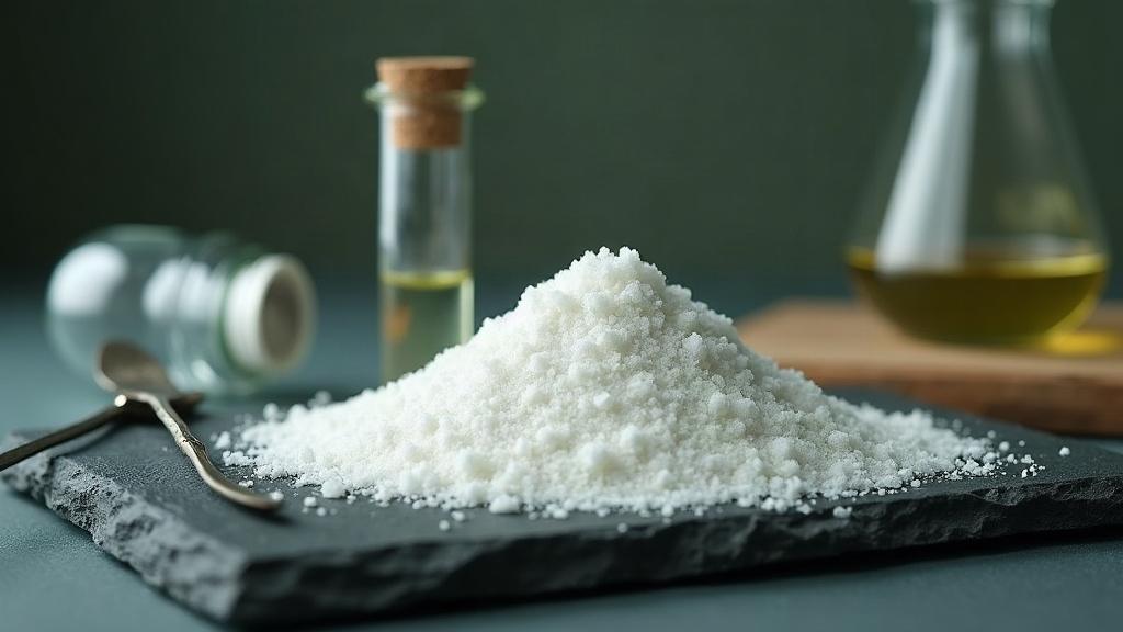 Poudre cristalline blanche en tas sur une ardoise, fiole en verre couchée et spatule métallique