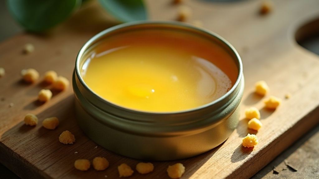 Boîte ronde ouverte de baume ambré à surface cireuse, pastilles de cire jaune autour, sur du chêne