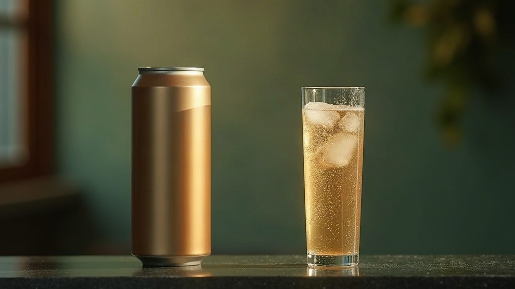 Verre de boisson pétillante glacée sur un comptoir sombre, canette en aluminium vierge à côté