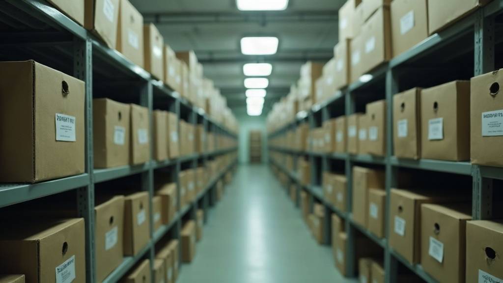 Rangées de boîtes d'archives grises sur des étagères métalliques dans un local administratif