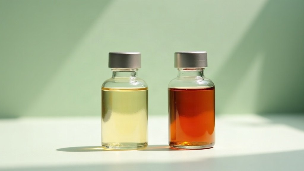 Deux fioles identiques en contre-jour, l'une remplie d'un liquide doré clair, l'autre d'un ambre foncé
