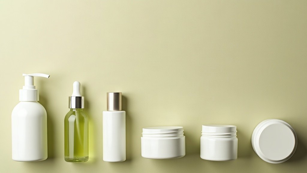 Vue de dessus de huit contenants cosmétiques vierges, pots, tube et flacon pompe, sur fond beige