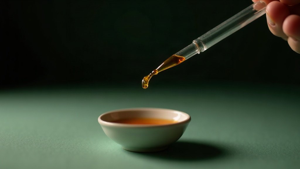 Pipette en verre laissant tomber une goutte dorée au-dessus d'une petite cuillère en céramique
