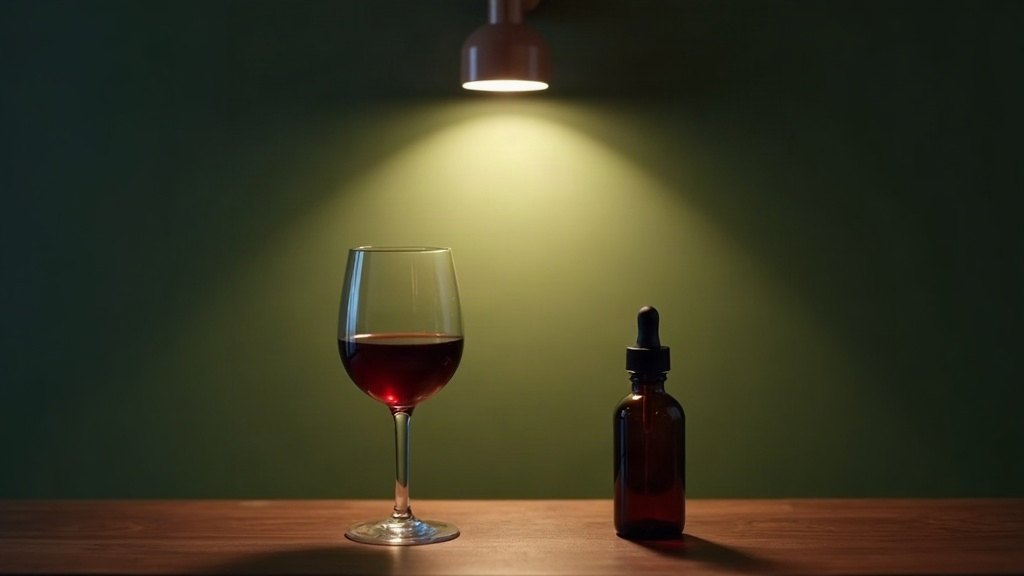 Verre de vin rouge et petit flacon compte-gouttes posés à distance sur un comptoir en noyer