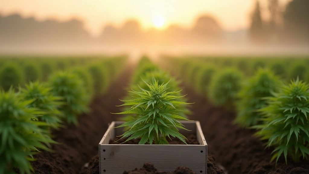 Rang de jeunes plants de chanvre dans une terre sombre au lever du jour, cagette en bois entre les rangs