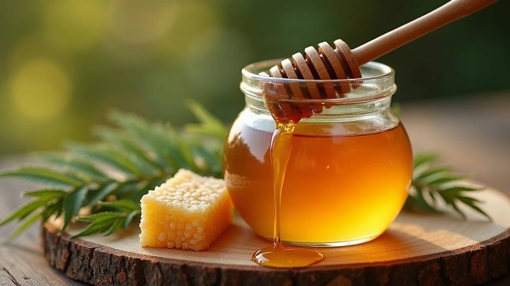 Cuillère à miel en bois soulevant un miel ambré au-dessus d'un pot sans étiquette, rayon de cire à côté